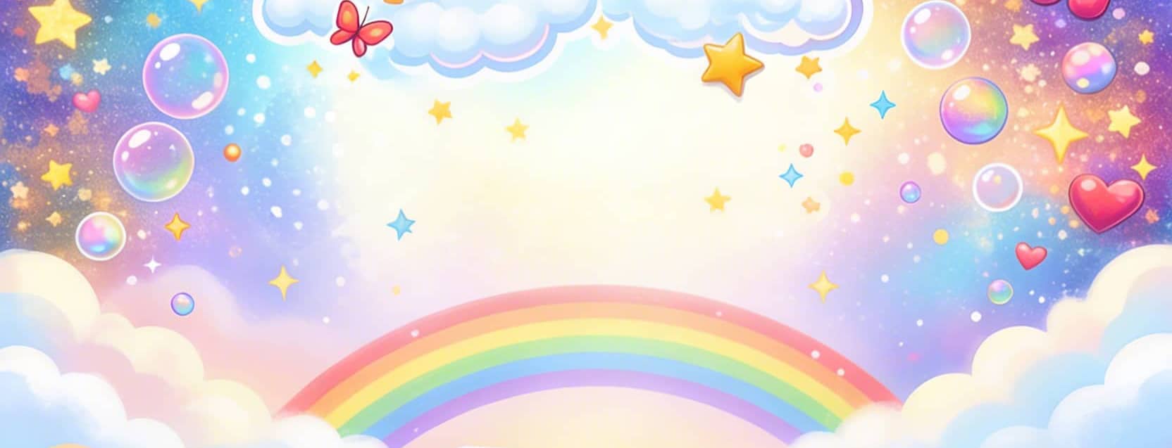 Whimsical rainbow sky with bubbles, stars and clouds illustration