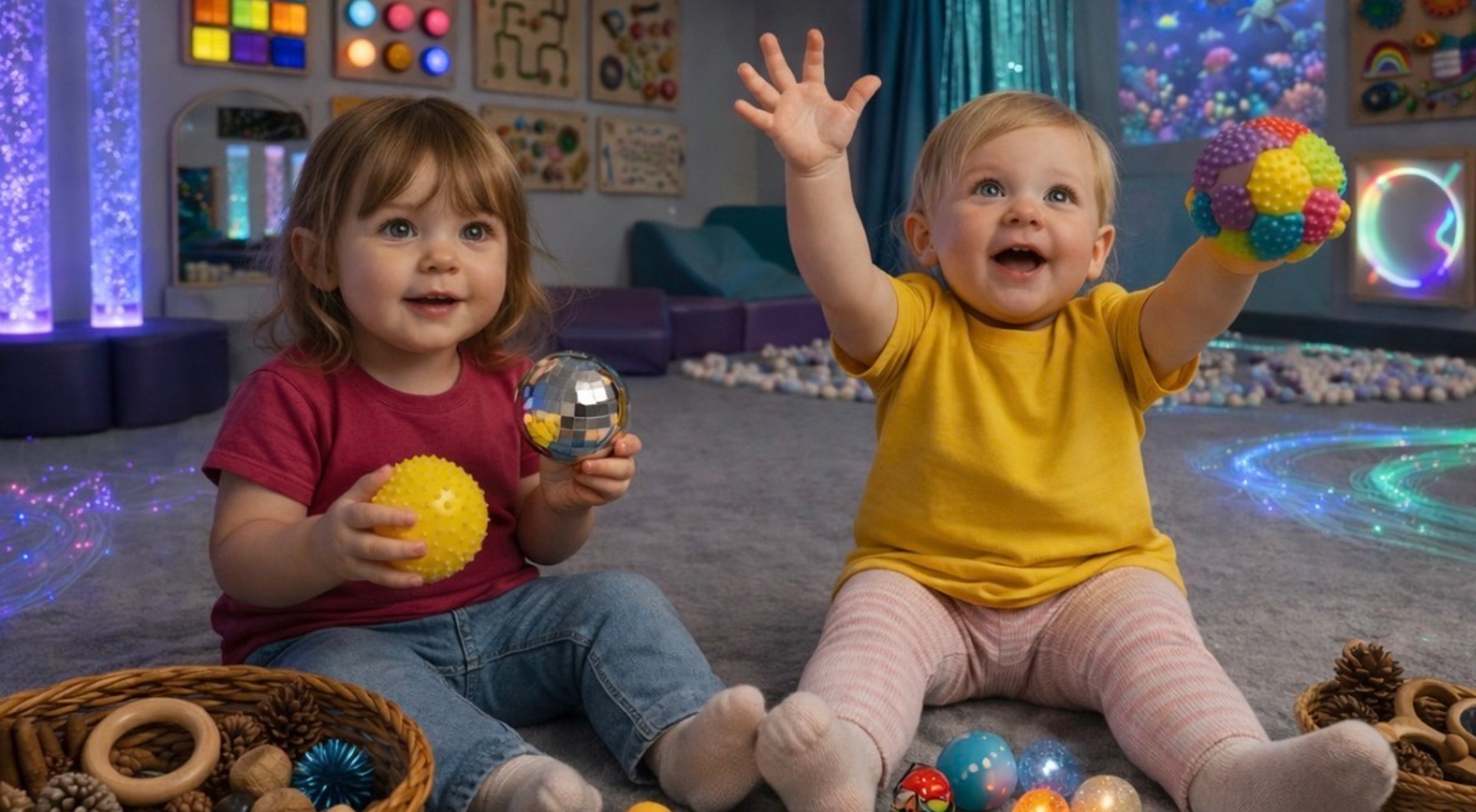 Two girls playing air hockey at a colorful indoor play center